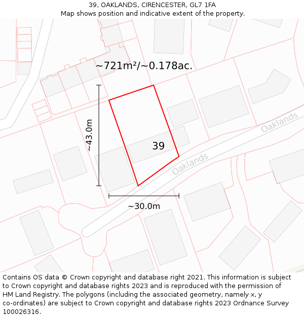 39, OAKLANDS, CIRENCESTER, GL7 1FA: Plot and title map