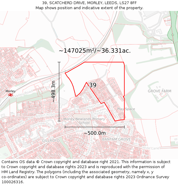 39, SCATCHERD DRIVE, MORLEY, LEEDS, LS27 8FF: Plot and title map