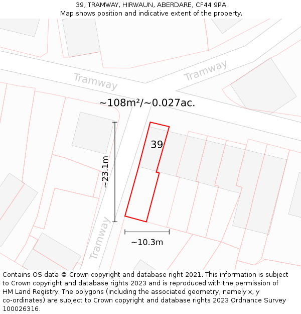 39, TRAMWAY, HIRWAUN, ABERDARE, CF44 9PA: Plot and title map