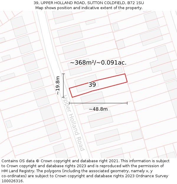 39, UPPER HOLLAND ROAD, SUTTON COLDFIELD, B72 1SU: Plot and title map
