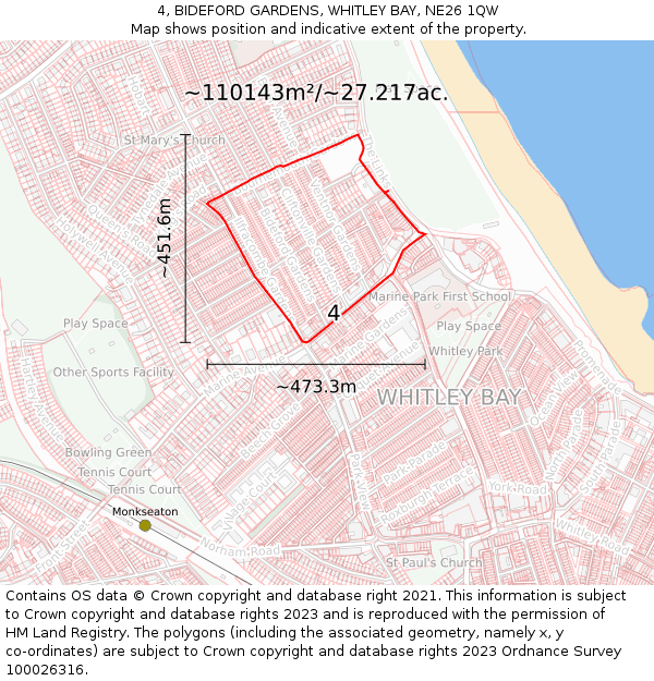 4, BIDEFORD GARDENS, WHITLEY BAY, NE26 1QW: Plot and title map