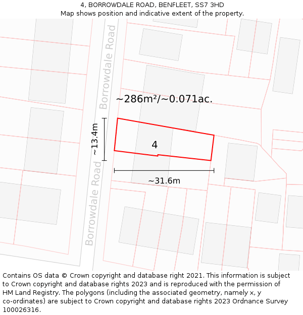4, BORROWDALE ROAD, BENFLEET, SS7 3HD: Plot and title map