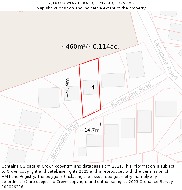 4, BORROWDALE ROAD, LEYLAND, PR25 3AU: Plot and title map