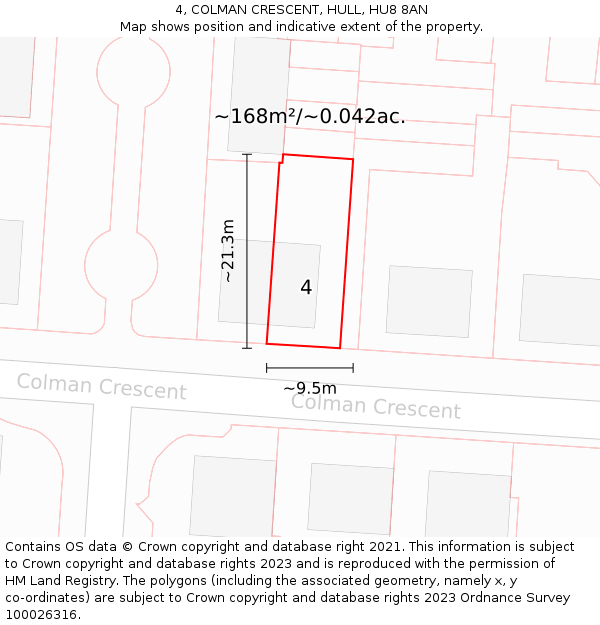 4, COLMAN CRESCENT, HULL, HU8 8AN: Plot and title map
