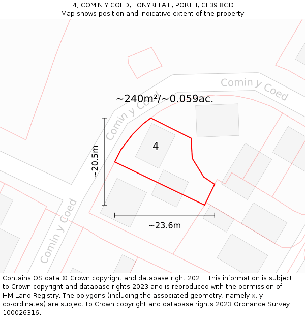 4, COMIN Y COED, TONYREFAIL, PORTH, CF39 8GD: Plot and title map