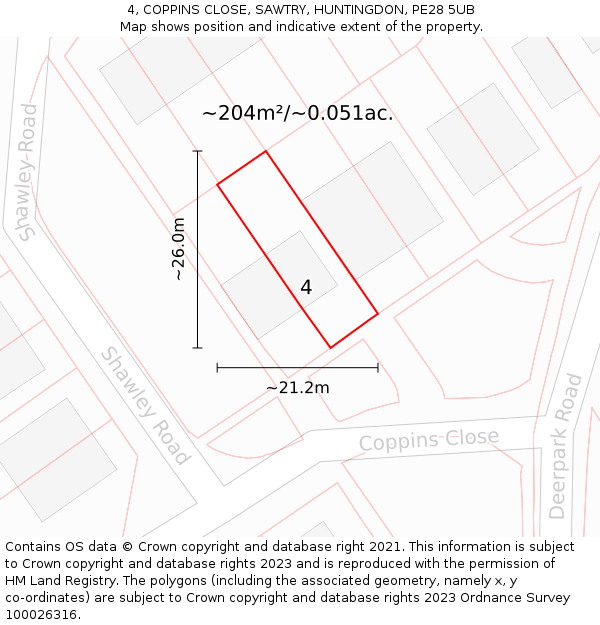 4, COPPINS CLOSE, SAWTRY, HUNTINGDON, PE28 5UB: Plot and title map