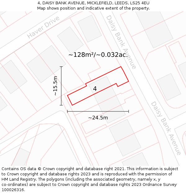 4, DAISY BANK AVENUE, MICKLEFIELD, LEEDS, LS25 4EU: Plot and title map