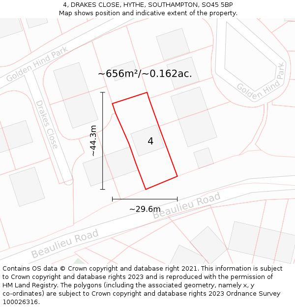 4, DRAKES CLOSE, HYTHE, SOUTHAMPTON, SO45 5BP: Plot and title map