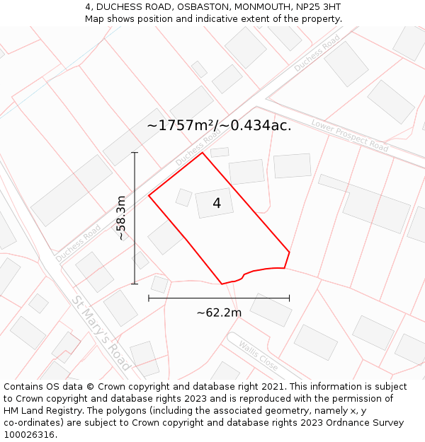 4, DUCHESS ROAD, OSBASTON, MONMOUTH, NP25 3HT: Plot and title map