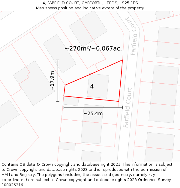 4, FARFIELD COURT, GARFORTH, LEEDS, LS25 1ES: Plot and title map