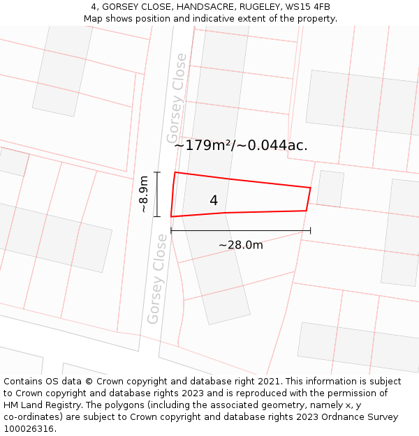 4, GORSEY CLOSE, HANDSACRE, RUGELEY, WS15 4FB: Plot and title map