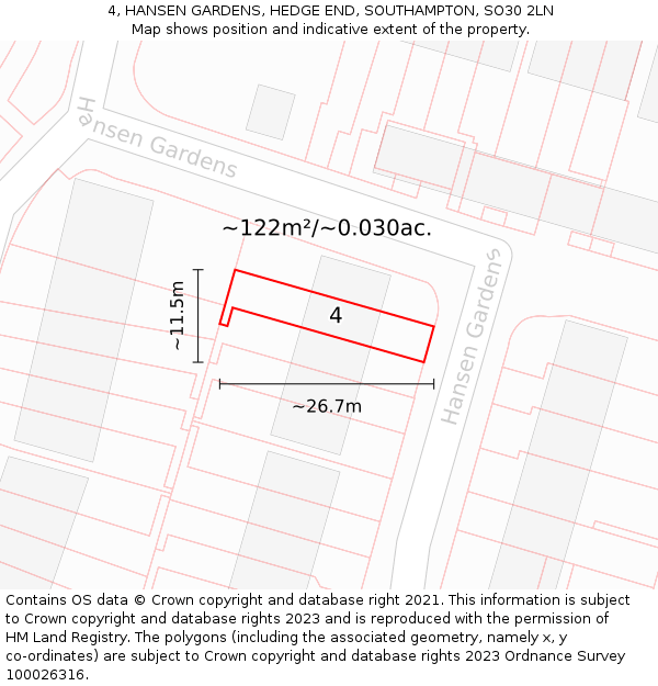 4, HANSEN GARDENS, HEDGE END, SOUTHAMPTON, SO30 2LN: Plot and title map