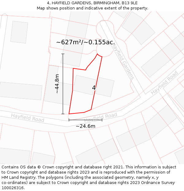 4, HAYFIELD GARDENS, BIRMINGHAM, B13 9LE: Plot and title map