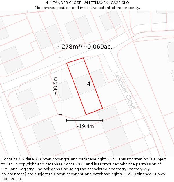 4, LEANDER CLOSE, WHITEHAVEN, CA28 9LQ: Plot and title map