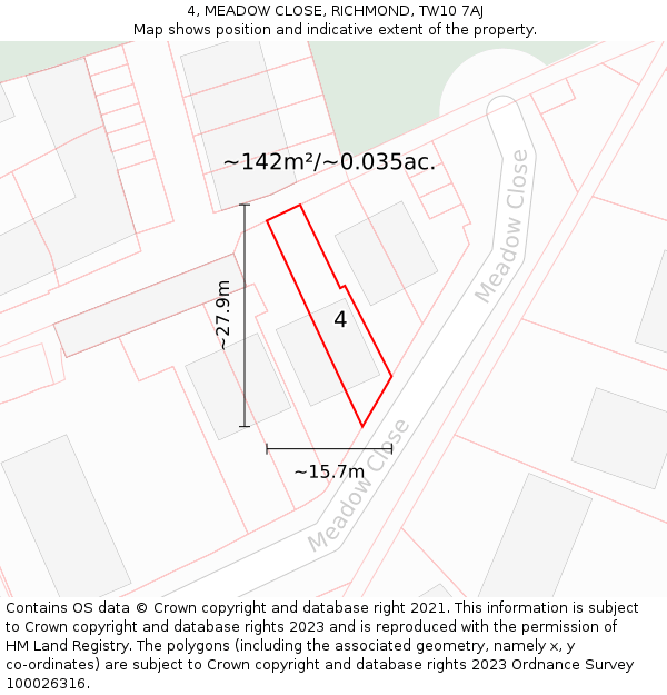 4, MEADOW CLOSE, RICHMOND, TW10 7AJ: Plot and title map