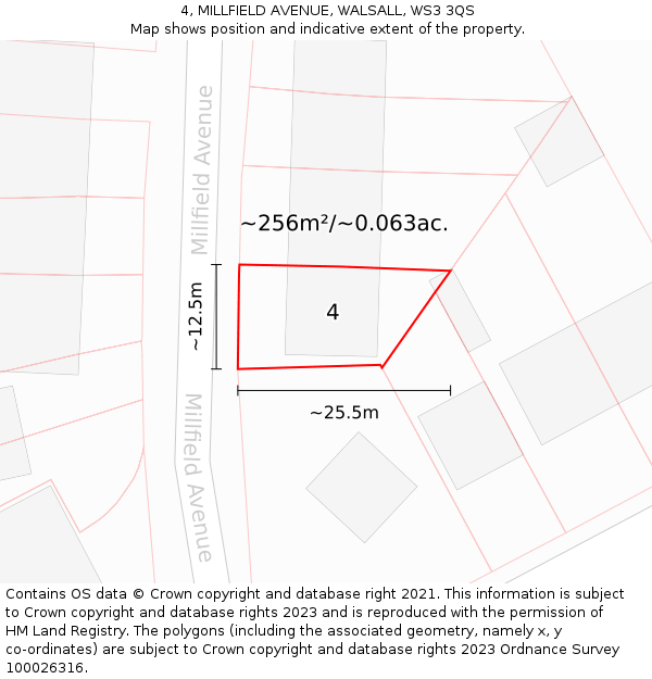 4, MILLFIELD AVENUE, WALSALL, WS3 3QS: Plot and title map