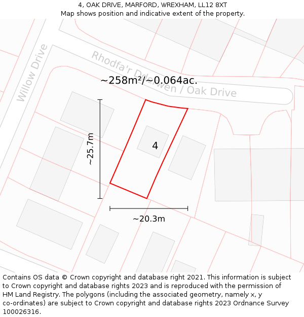 4, OAK DRIVE, MARFORD, WREXHAM, LL12 8XT: Plot and title map