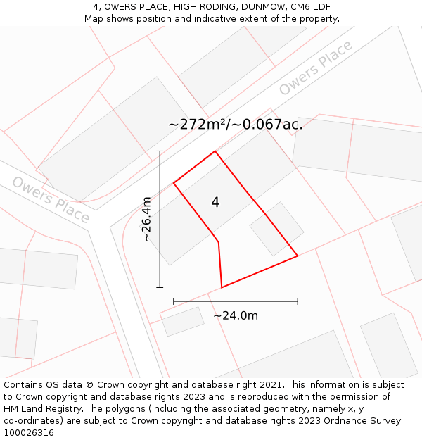 4, OWERS PLACE, HIGH RODING, DUNMOW, CM6 1DF: Plot and title map