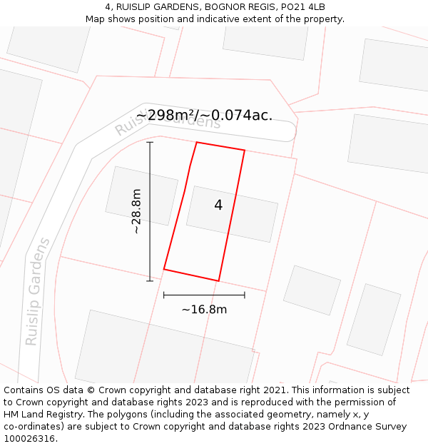 4, RUISLIP GARDENS, BOGNOR REGIS, PO21 4LB: Plot and title map