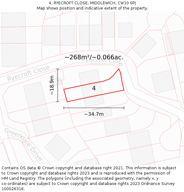 4, RYECROFT CLOSE, MIDDLEWICH, CW10 0PJ: Plot and title map