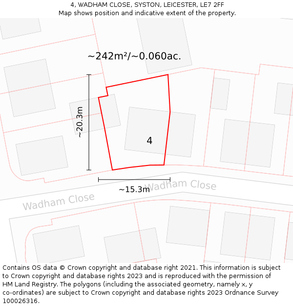 4, WADHAM CLOSE, SYSTON, LEICESTER, LE7 2FF: Plot and title map