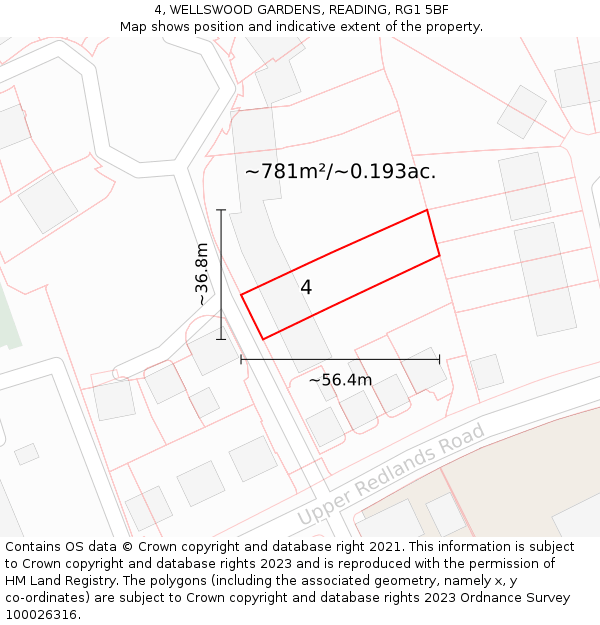 4, WELLSWOOD GARDENS, READING, RG1 5BF: Plot and title map