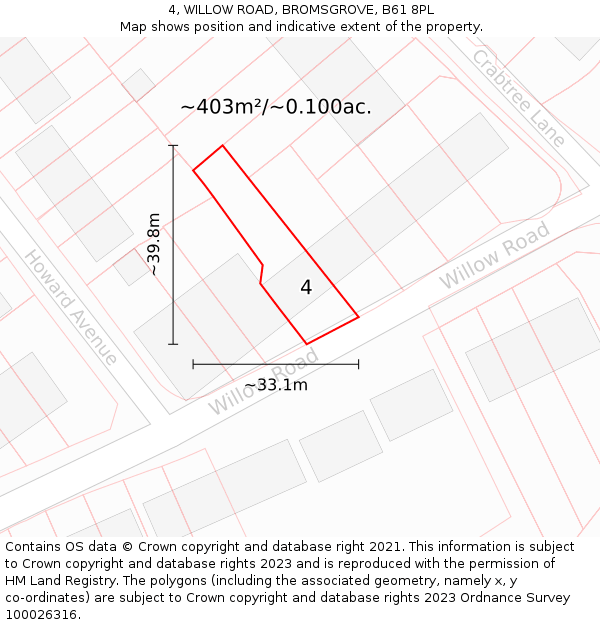 4, WILLOW ROAD, BROMSGROVE, B61 8PL: Plot and title map