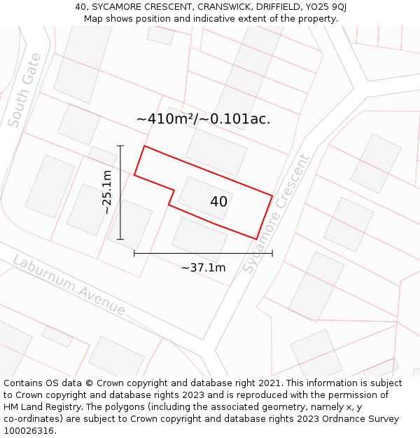 40, SYCAMORE CRESCENT, CRANSWICK, DRIFFIELD, YO25 9QJ: Plot and title map