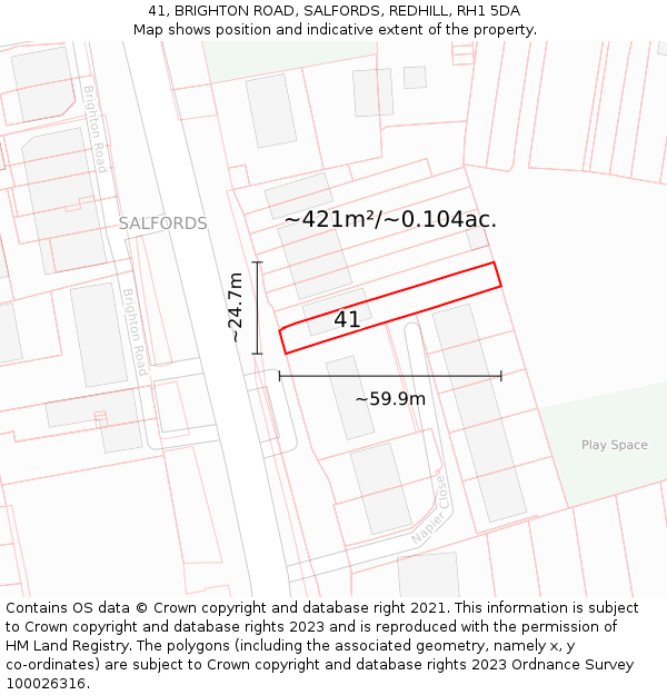 41, BRIGHTON ROAD, SALFORDS, REDHILL, RH1 5DA: Plot and title map