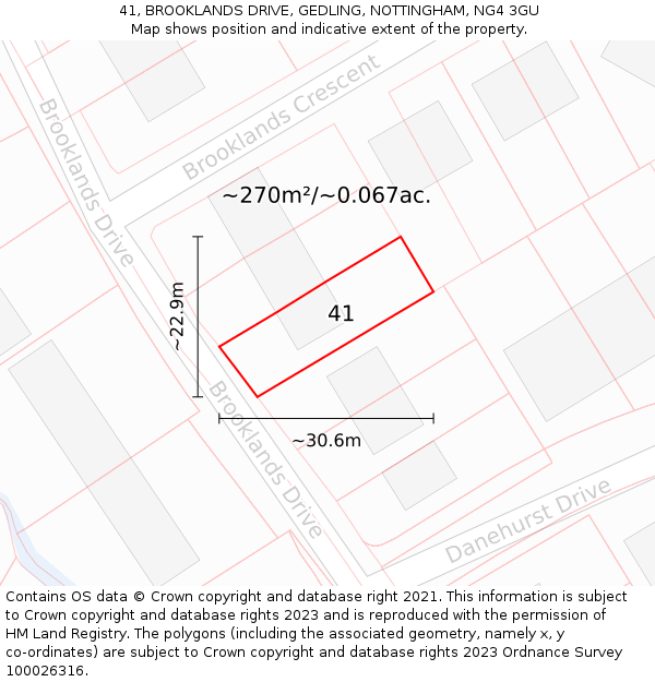 41, BROOKLANDS DRIVE, GEDLING, NOTTINGHAM, NG4 3GU: Plot and title map