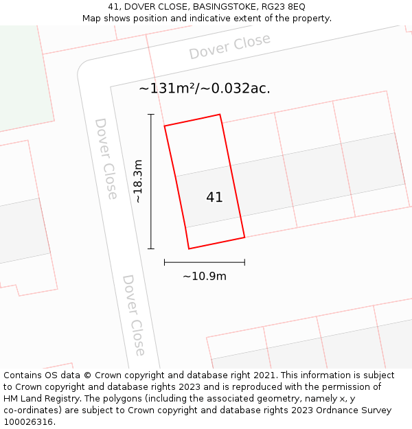 41, DOVER CLOSE, BASINGSTOKE, RG23 8EQ: Plot and title map
