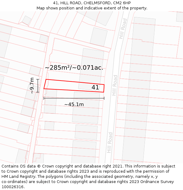 41, HILL ROAD, CHELMSFORD, CM2 6HP: Plot and title map