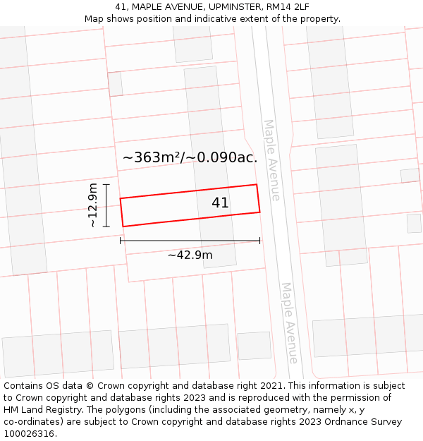 41, MAPLE AVENUE, UPMINSTER, RM14 2LF: Plot and title map