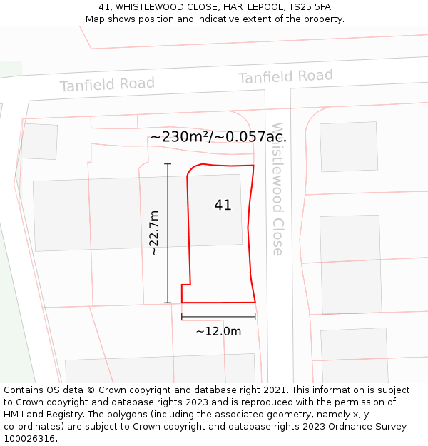 41, WHISTLEWOOD CLOSE, HARTLEPOOL, TS25 5FA: Plot and title map