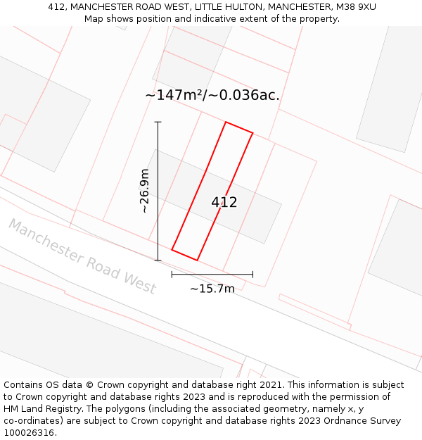 412, MANCHESTER ROAD WEST, LITTLE HULTON, MANCHESTER, M38 9XU: Plot and title map