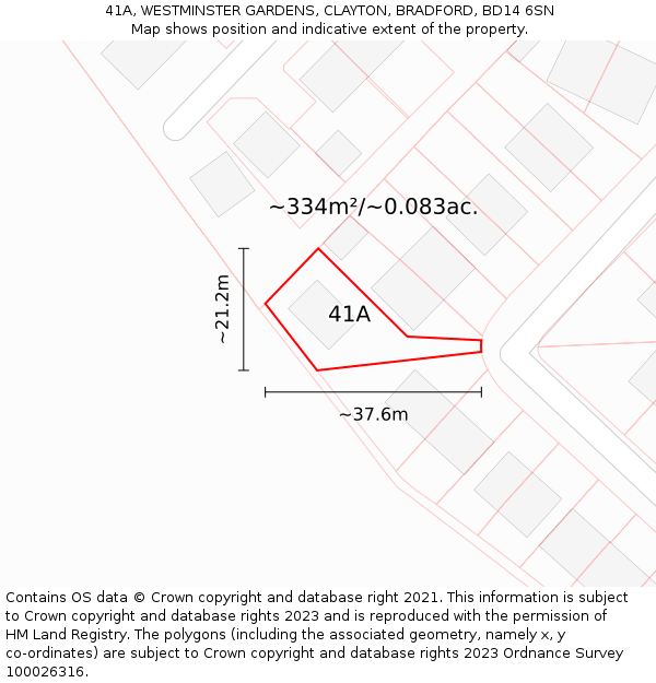 41A, WESTMINSTER GARDENS, CLAYTON, BRADFORD, BD14 6SN: Plot and title map