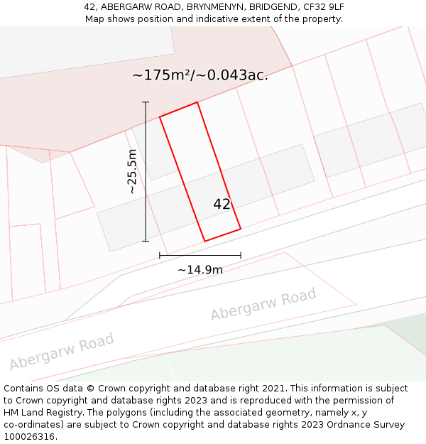 42, ABERGARW ROAD, BRYNMENYN, BRIDGEND, CF32 9LF: Plot and title map