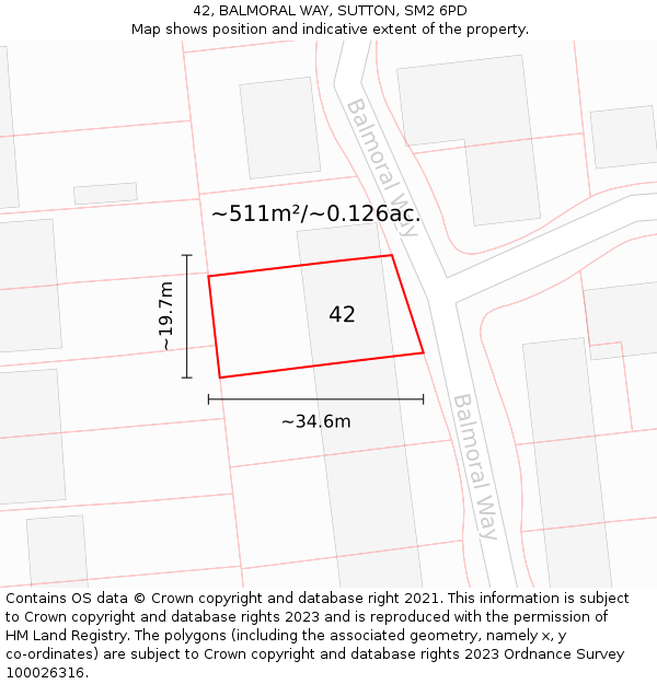 42, BALMORAL WAY, SUTTON, SM2 6PD: Plot and title map