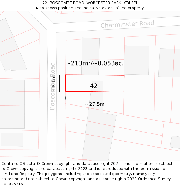 42, BOSCOMBE ROAD, WORCESTER PARK, KT4 8PL: Plot and title map