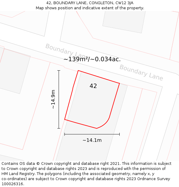 42, BOUNDARY LANE, CONGLETON, CW12 3JA: Plot and title map
