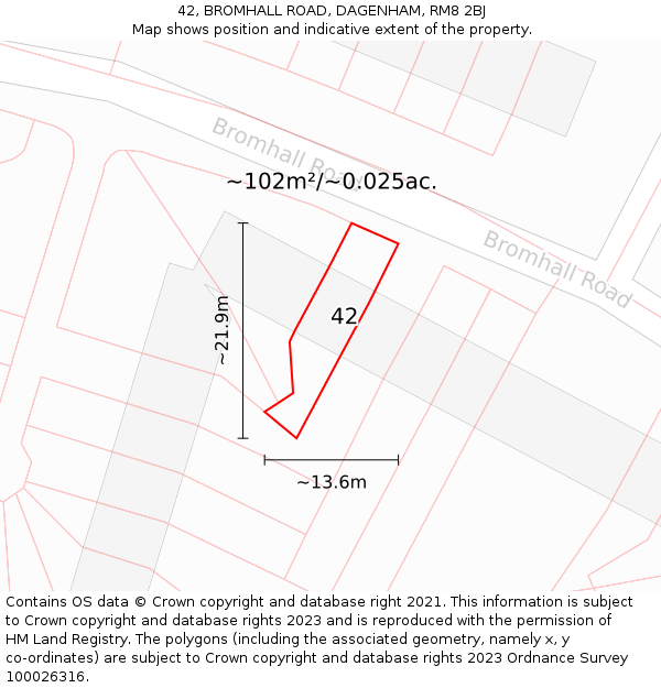 42, BROMHALL ROAD, DAGENHAM, RM8 2BJ: Plot and title map