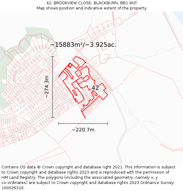 42, BROOKVIEW CLOSE, BLACKBURN, BB1 9NT: Plot and title map
