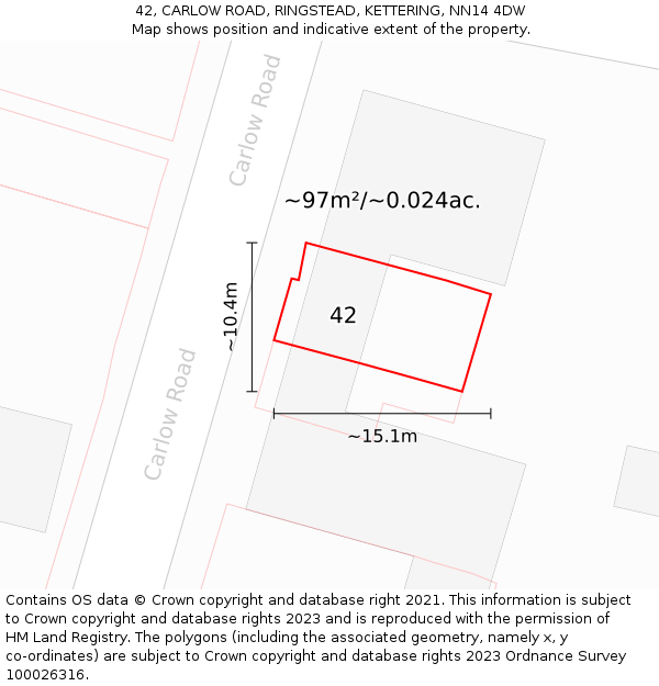 42, CARLOW ROAD, RINGSTEAD, KETTERING, NN14 4DW: Plot and title map