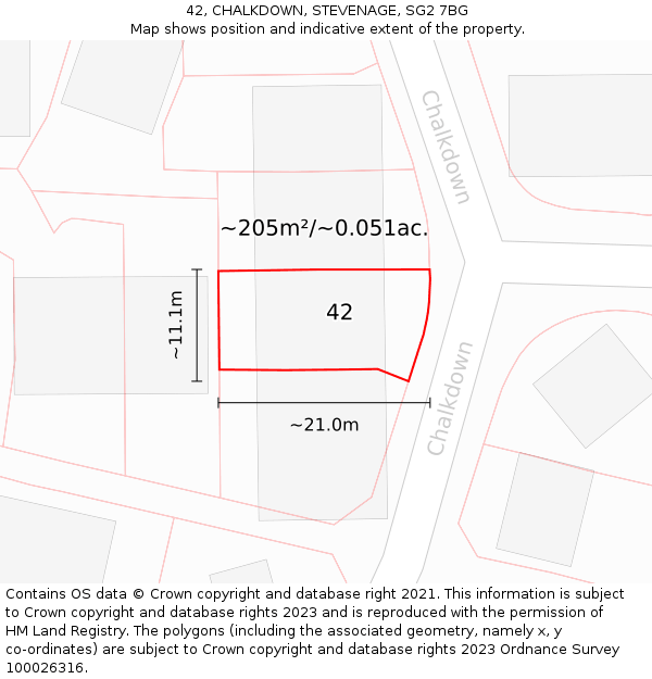 42, CHALKDOWN, STEVENAGE, SG2 7BG: Plot and title map