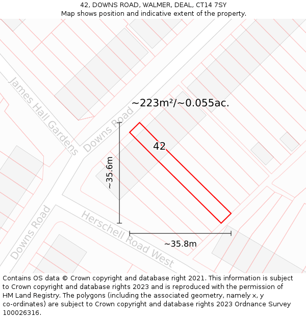 42, DOWNS ROAD, WALMER, DEAL, CT14 7SY: Plot and title map