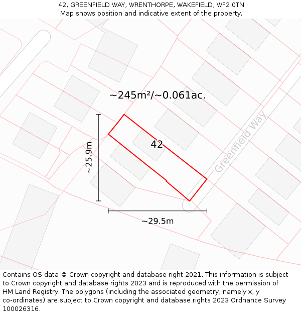 42, GREENFIELD WAY, WRENTHORPE, WAKEFIELD, WF2 0TN: Plot and title map