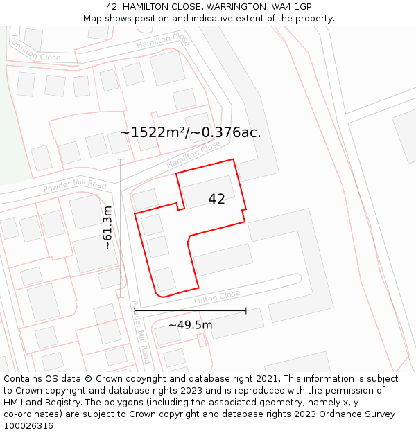 42, HAMILTON CLOSE, WARRINGTON, WA4 1GP: Plot and title map