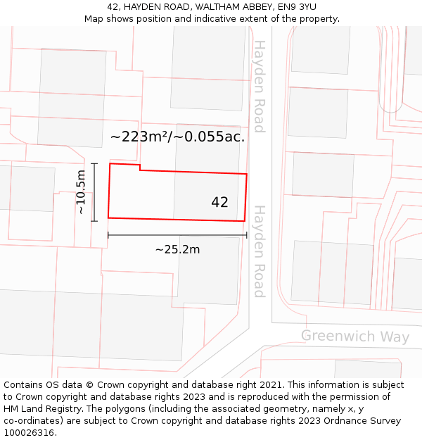 42, HAYDEN ROAD, WALTHAM ABBEY, EN9 3YU: Plot and title map