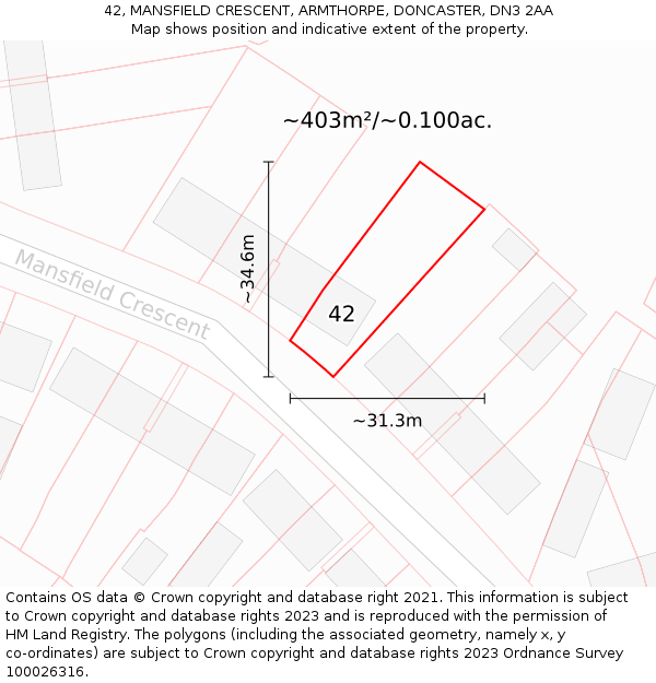 42, MANSFIELD CRESCENT, ARMTHORPE, DONCASTER, DN3 2AA: Plot and title map