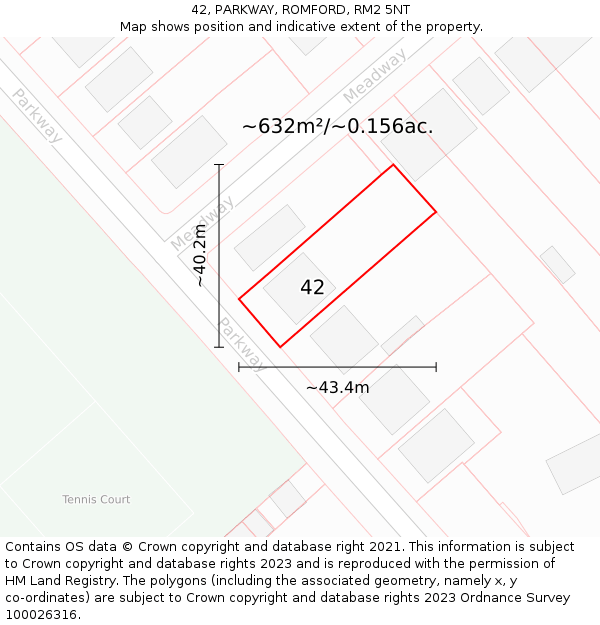 42, PARKWAY, ROMFORD, RM2 5NT: Plot and title map